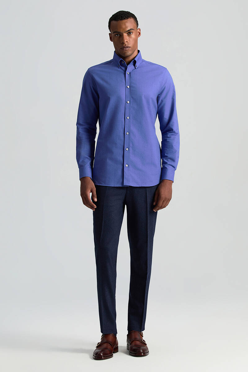 Saf Pamuk Düğmeli Koyu Mavi Oxford Gömlek