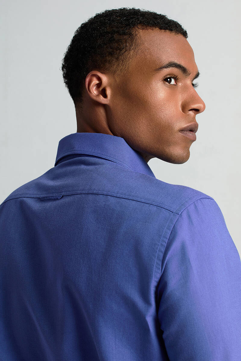 Saf Pamuk Düğmeli Koyu Mavi Oxford Gömlek