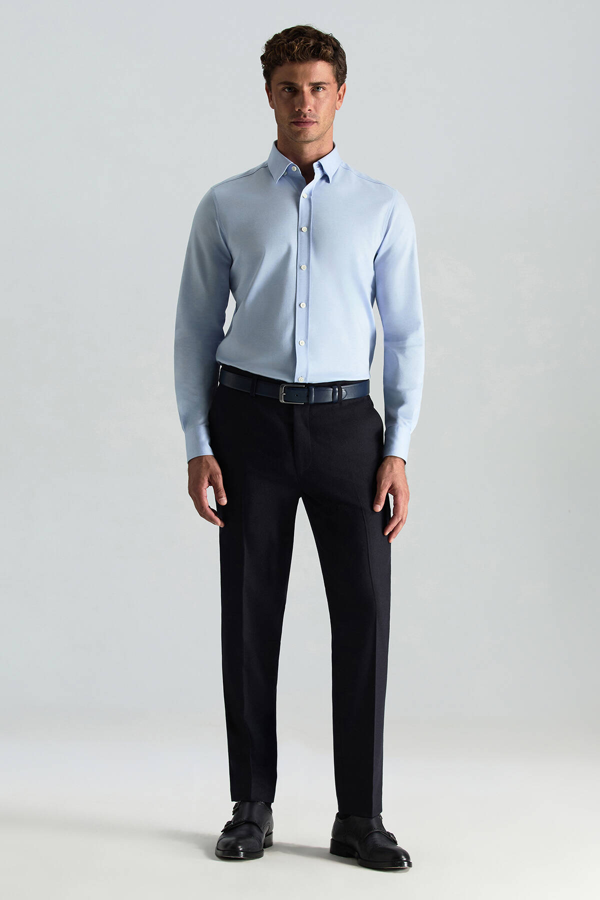 Gizli Düğme Pamuk Mavi Gömlek