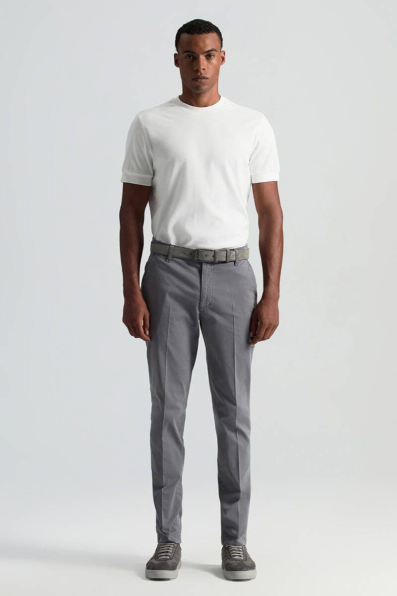 Saf Pamuk Orta Gri Regular Fit Chino Pantolon