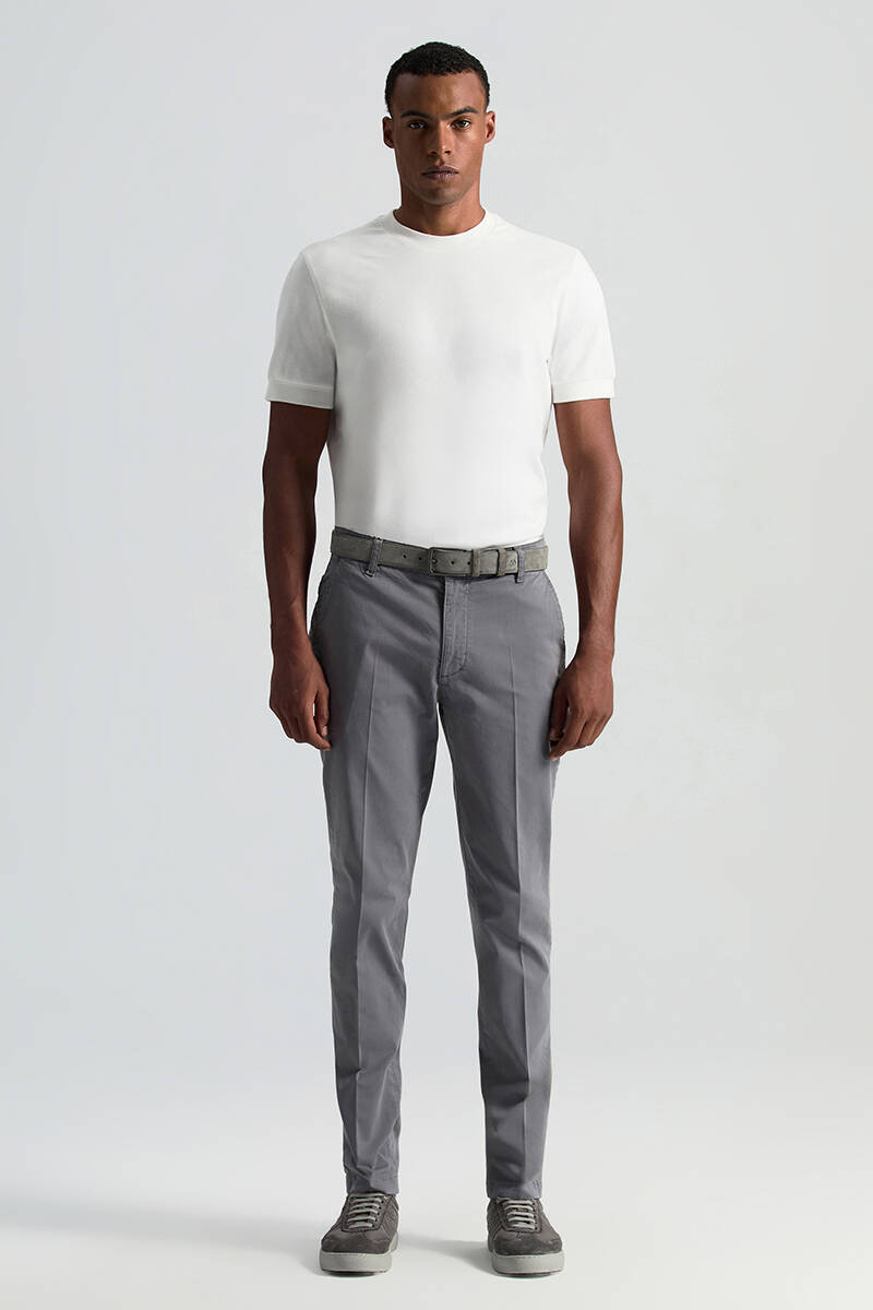 Saf Pamuk Orta Gri Regular Fit Chino Pantolon