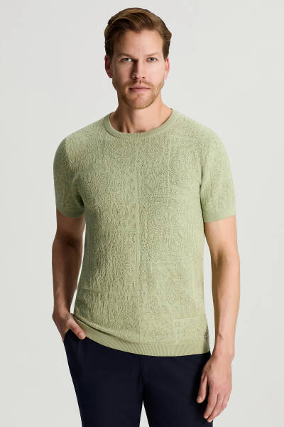 Saf Pamuk Paisley Desen Bisiklet Yaka Yeşil Triko T-Shirt