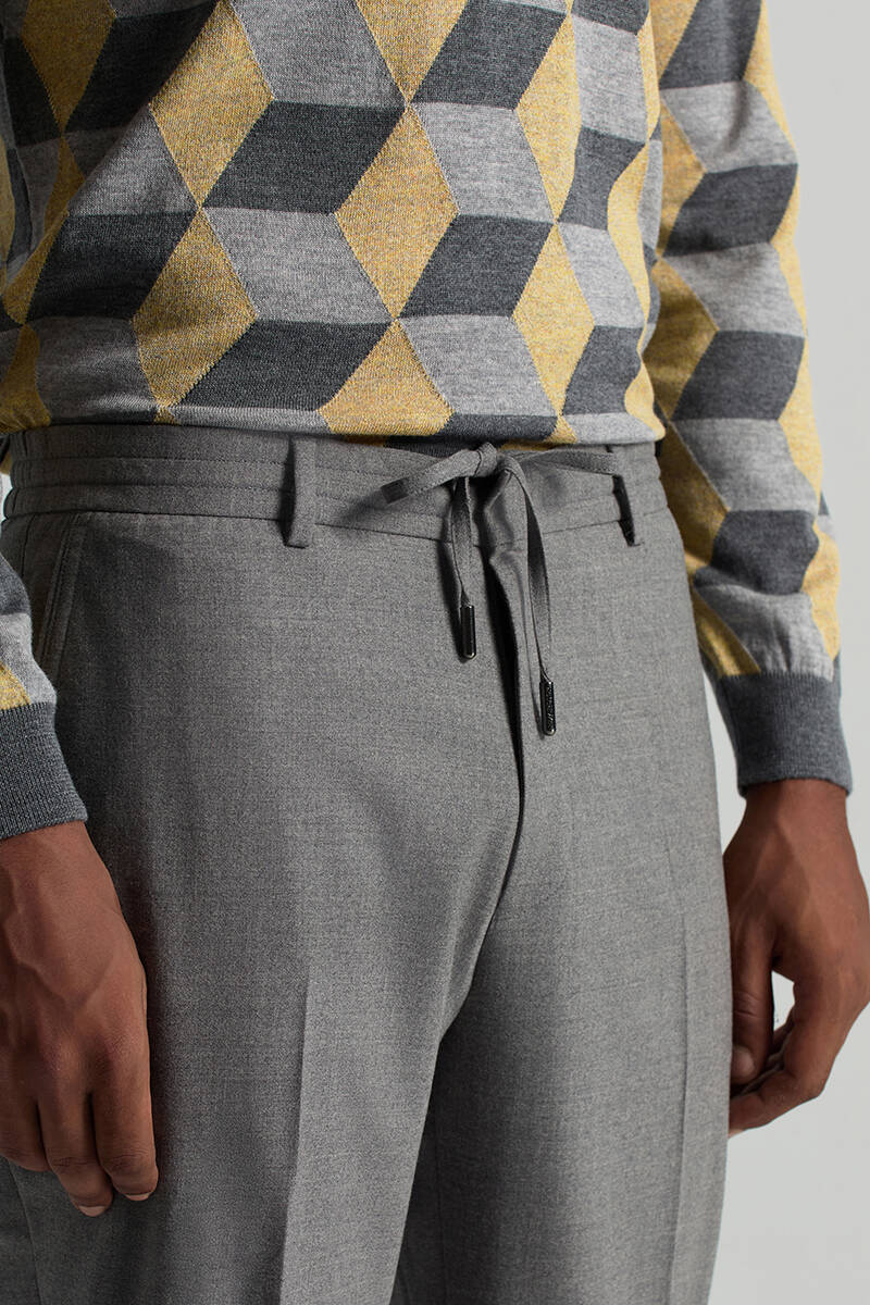 Saf Yün Bağcık Detaylı Orta Gri Chino Jogger Pantolon