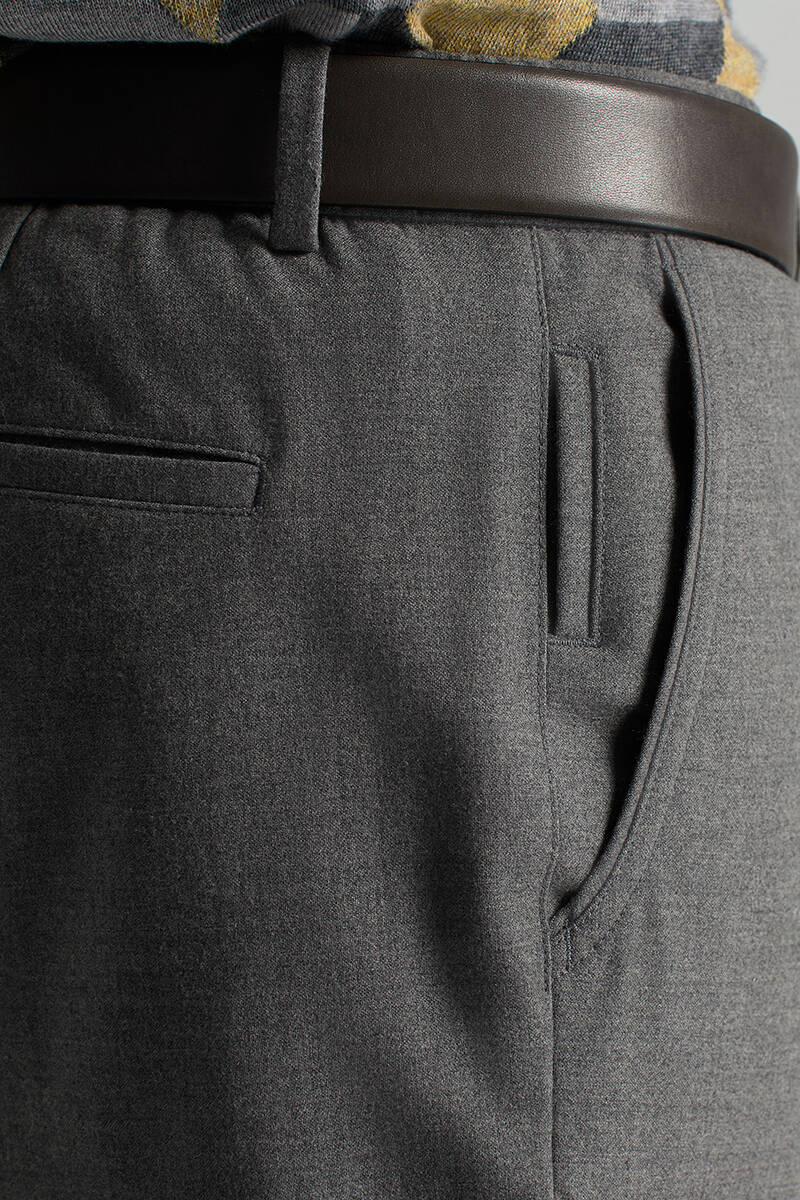Saf Yün Bağcık Detaylı Orta Gri Chino Jogger Pantolon