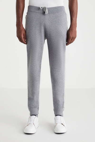 Şerit Detaylı Gri Merino Yün Spor Triko Pantolon