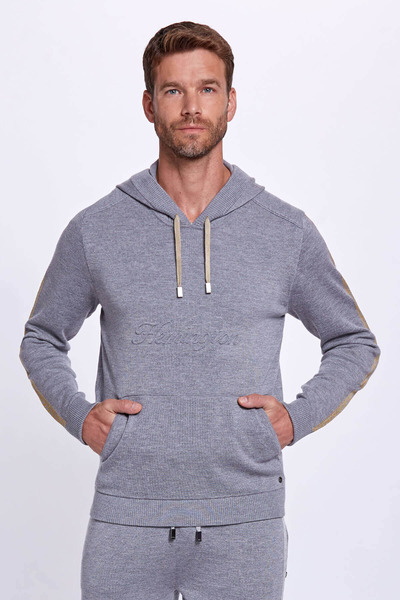 Şerit Detaylı Logolu Kapüşonlu Gri Triko Hoody - Hemington