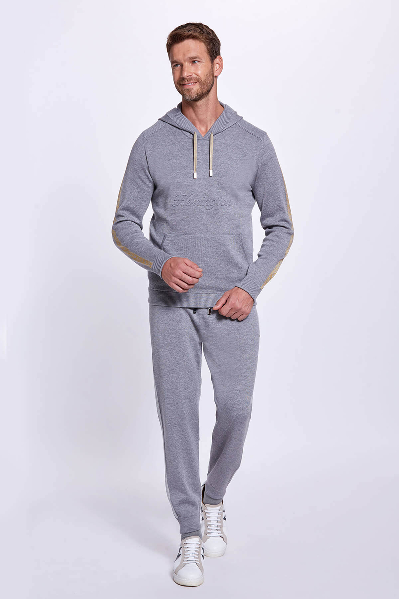 Hemington Şerit Detaylı Logolu Kapüşonlu Gri Triko Hoody. 2 Hemington Şerit Detaylı Logolu Kapüşonlu Gri Triko Hoody. 2