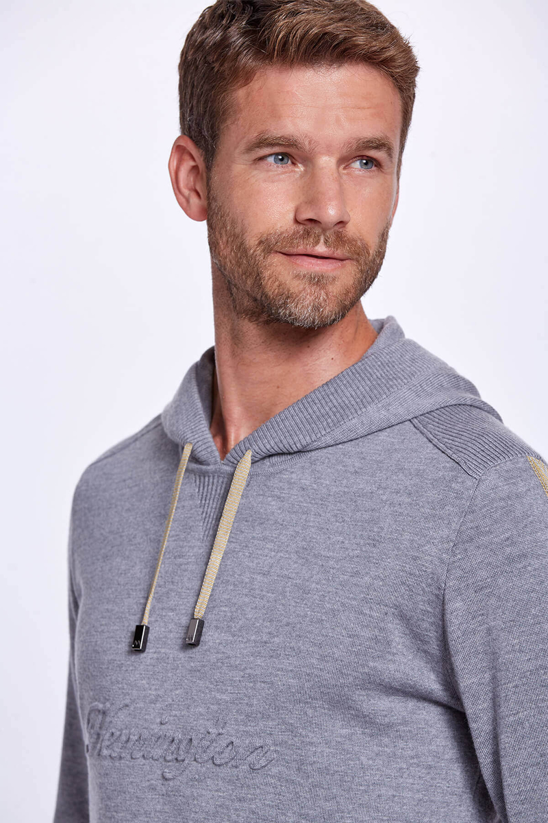 Hemington Şerit Detaylı Logolu Kapüşonlu Gri Triko Hoody. 3 Hemington Şerit Detaylı Logolu Kapüşonlu Gri Triko Hoody. 3