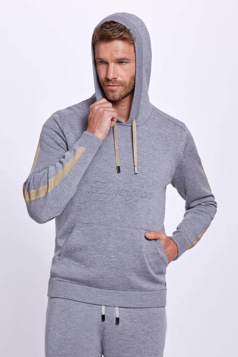 Hemington Şerit Detaylı Logolu Kapüşonlu Gri Triko Hoody. 5