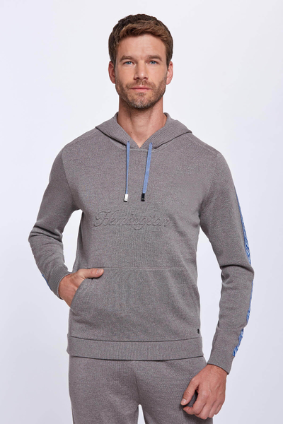 Şerit Detaylı Logolu Kapüşonlu Kum Rengi Triko Hoody