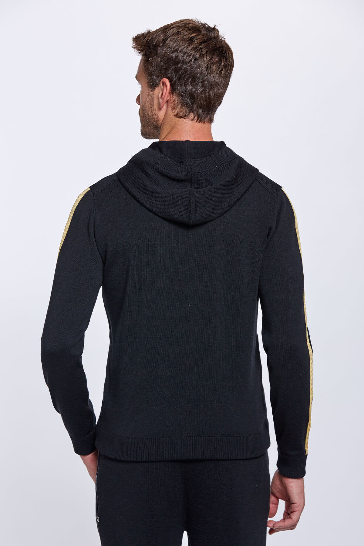 Şerit Detaylı Logolu Kapüşonlu Siyah Triko Hoody