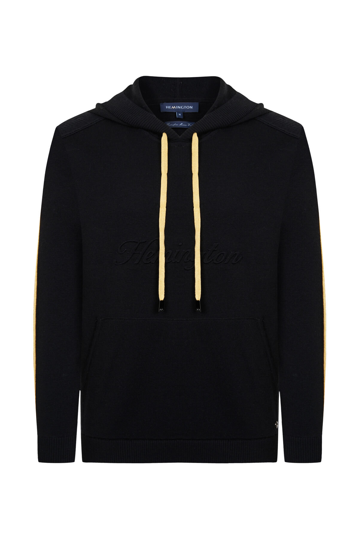 Şerit Detaylı Logolu Kapüşonlu Siyah Triko Hoody