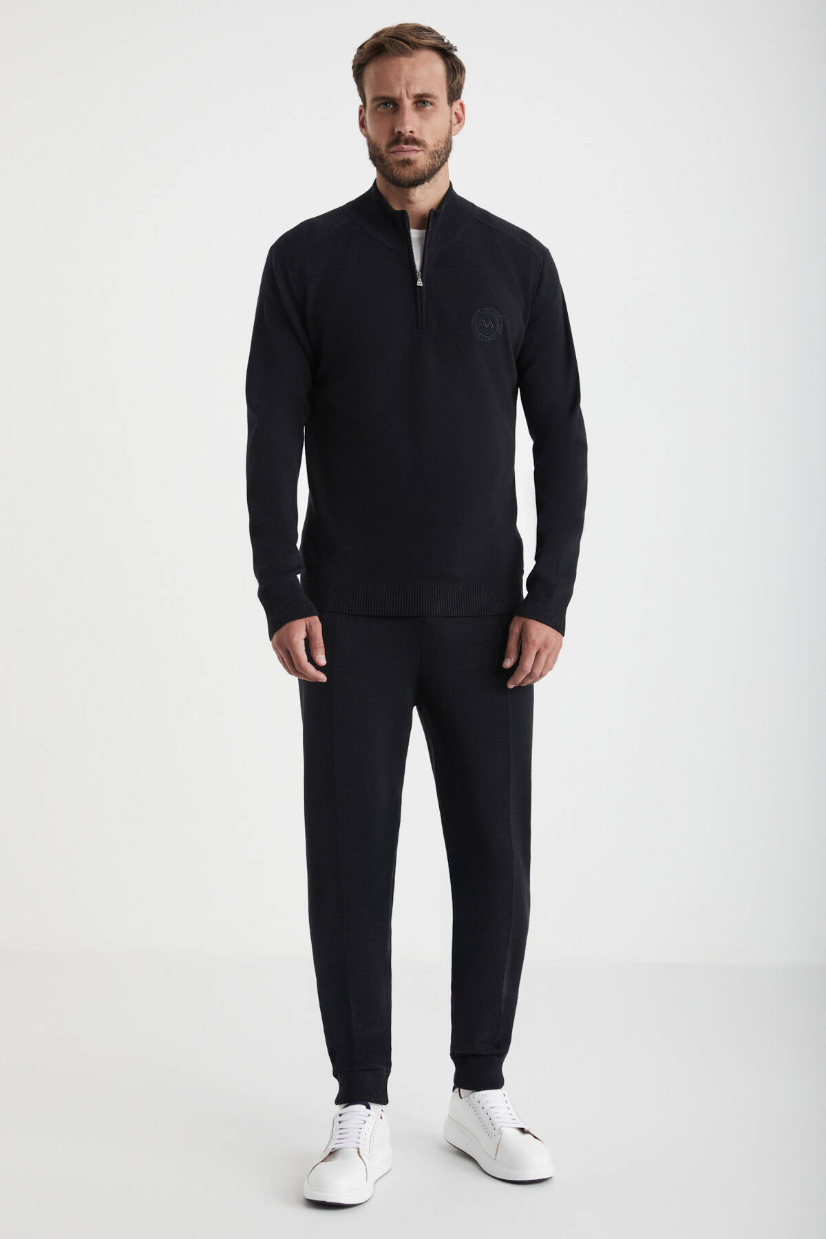 Siyah Fermuarlı Merino Yün Activewear Triko