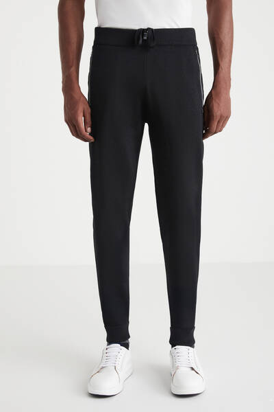 Siyah Merino Yün Activewear Şerit Detaylı Triko Pantolon - Hemington