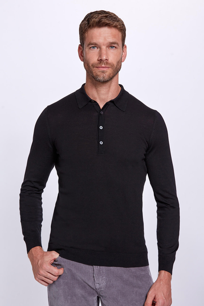 Polo Yaka Siyah Merino Yün Triko - Hemington