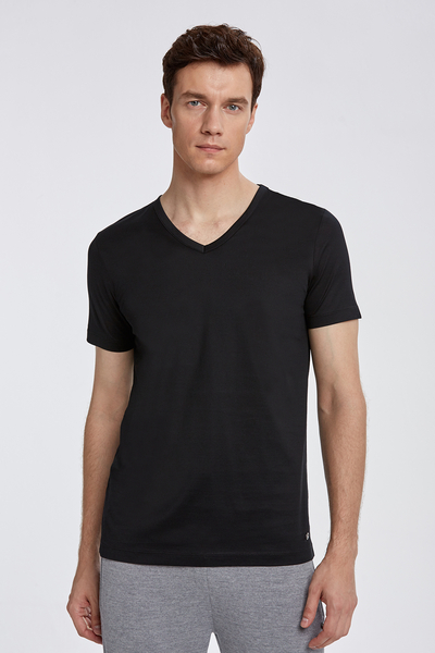 V Yaka Siyah Basic T-Shirt - Hemington
