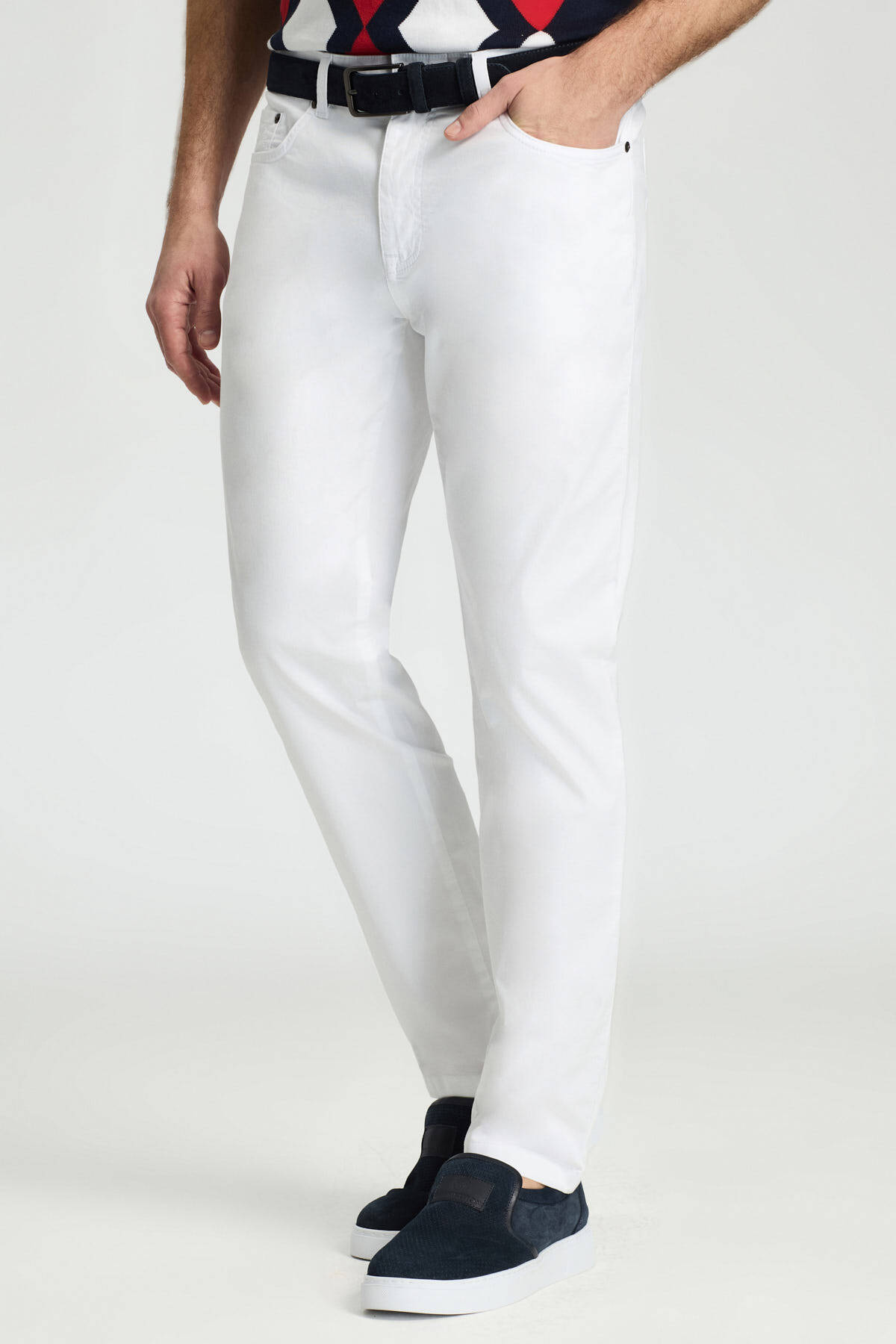 Pamuk Karışım Slim Fit 5 Cep Beyaz Chino Pantolon