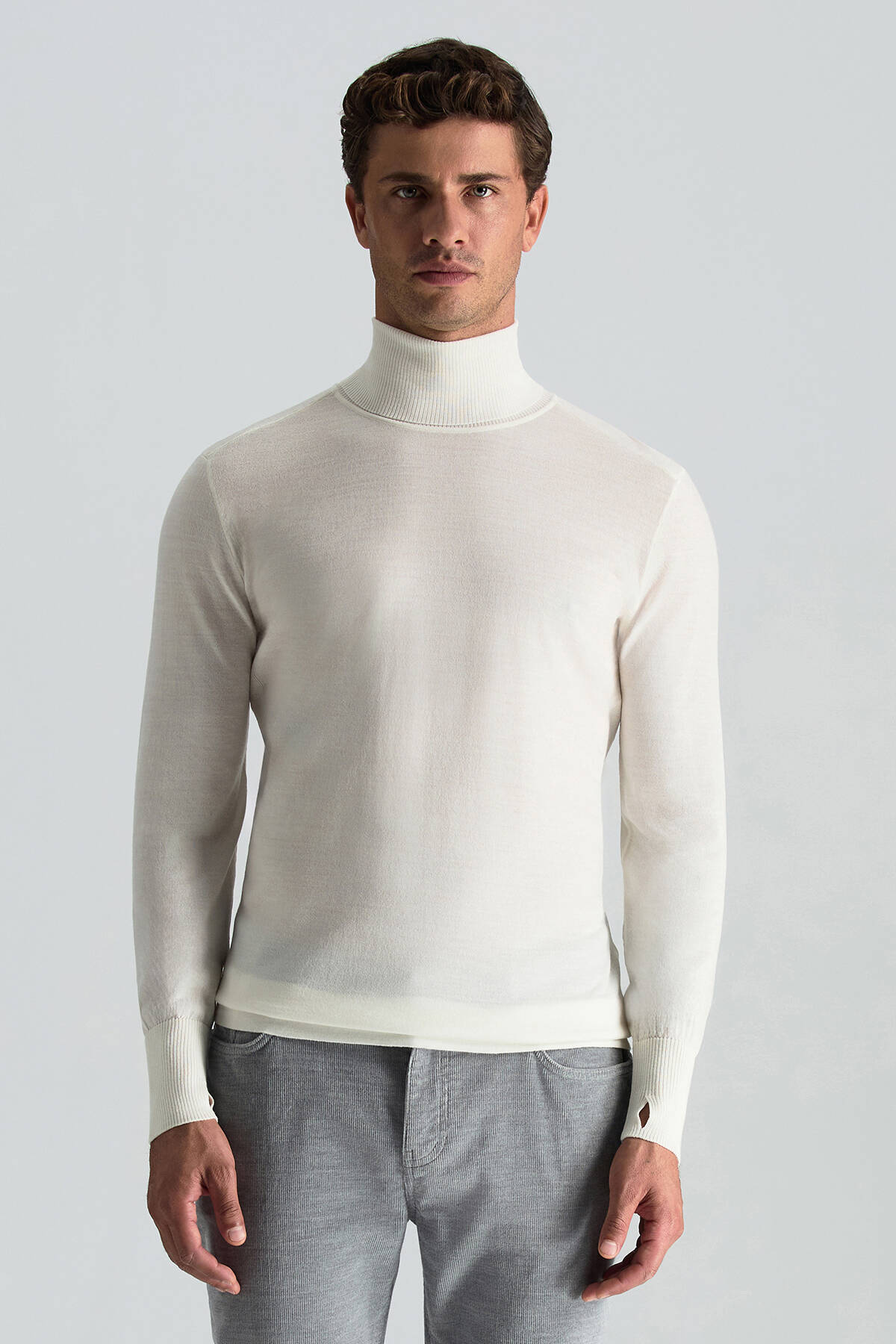 Slim Fit Beyaz Activewear Merino Yün Triko