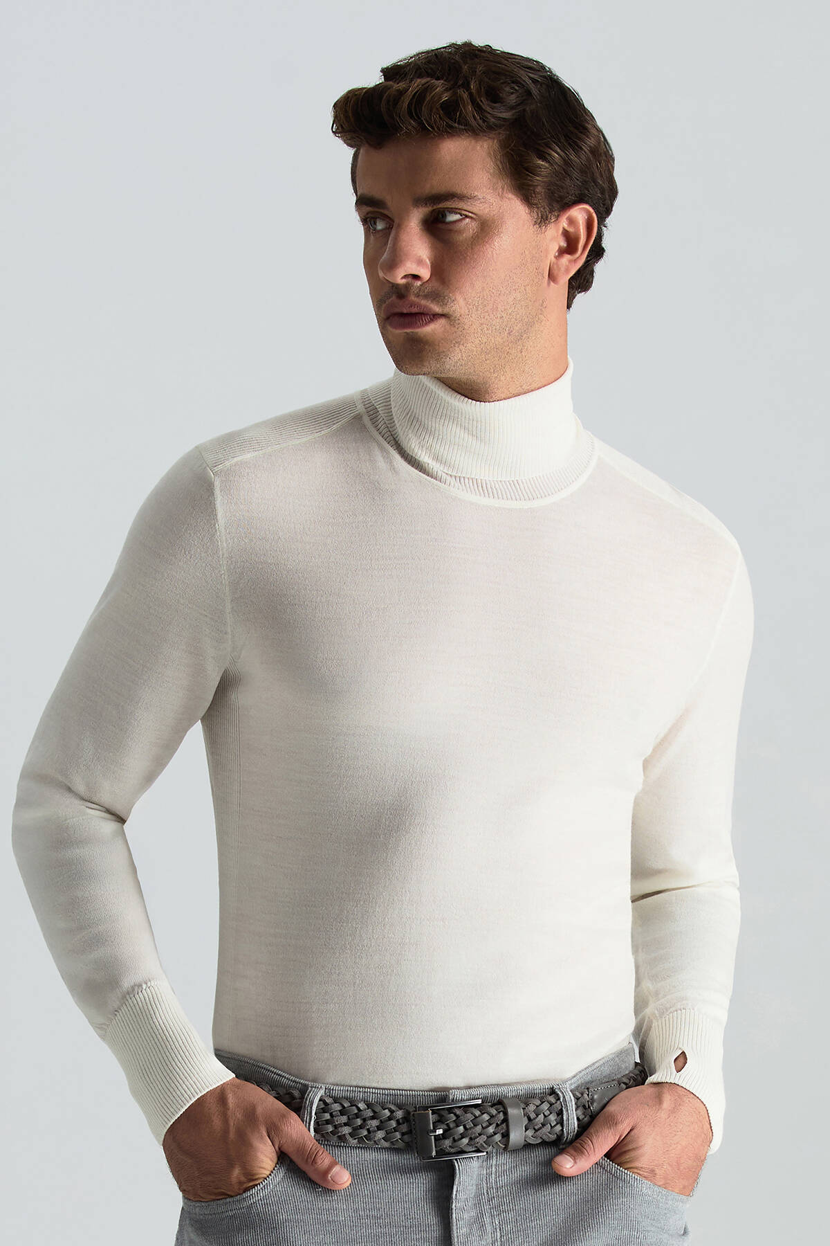 Slim Fit Beyaz Activewear Merino Yün Triko