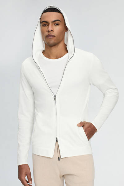 Slim Fit Beyaz Kapüşonlu İnce Hırka