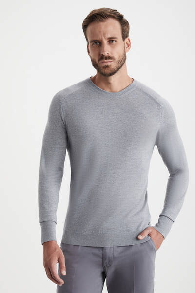 Extrafine Merino Açık Gri Bisiklet Yaka Triko