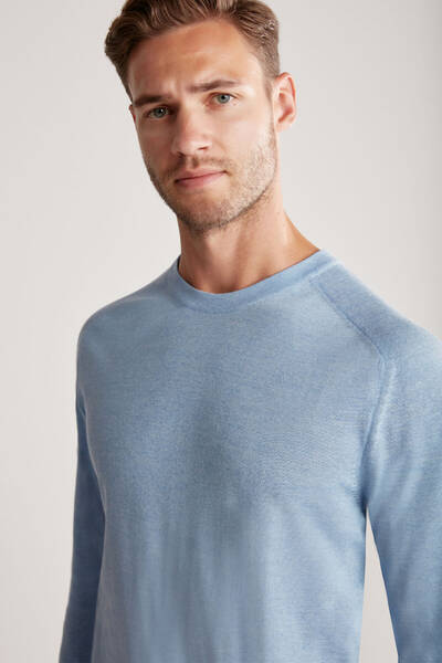 Slim Fit Bisiklet Yaka Gök Mavisi Merino Yün Triko