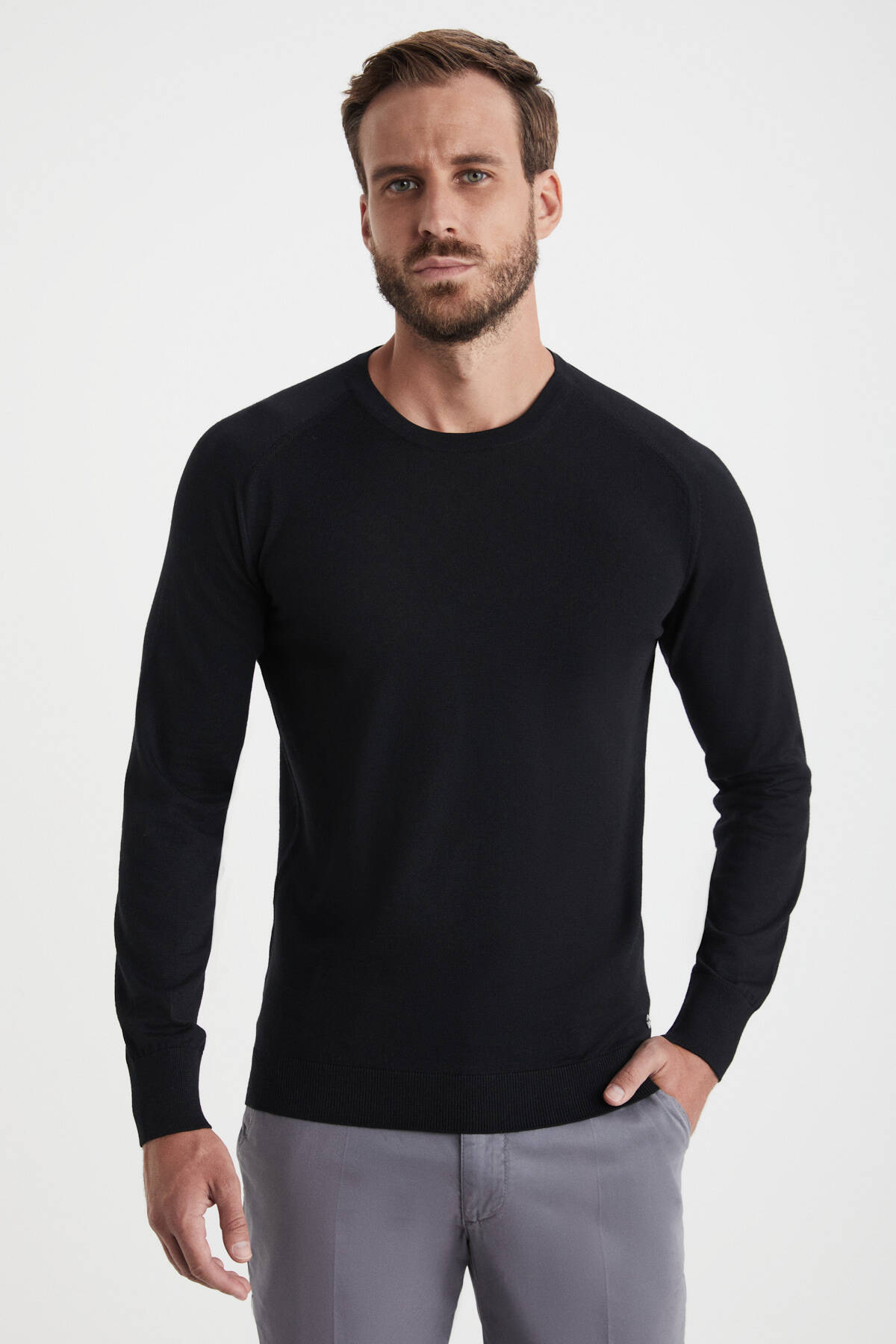 Extrafine Merino Siyah Bisiklet Yaka Triko