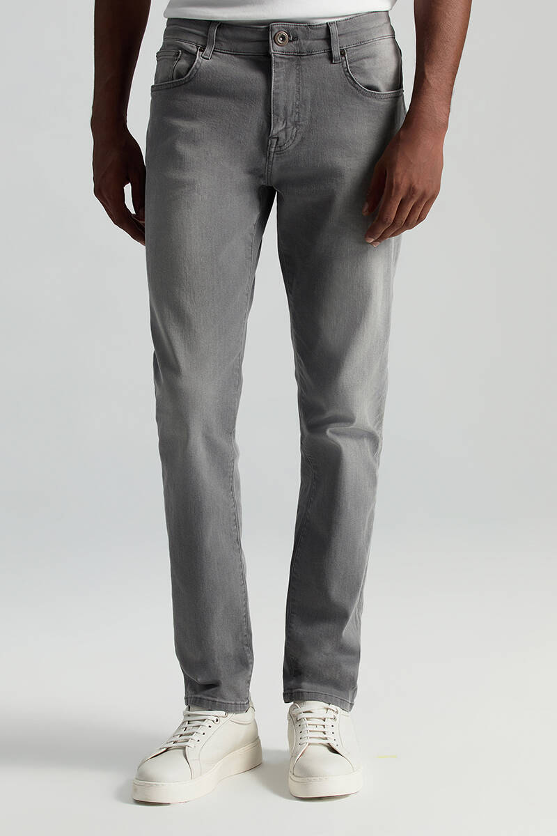 Saf Pamuk Slim Fit Gri Denim Pantolon