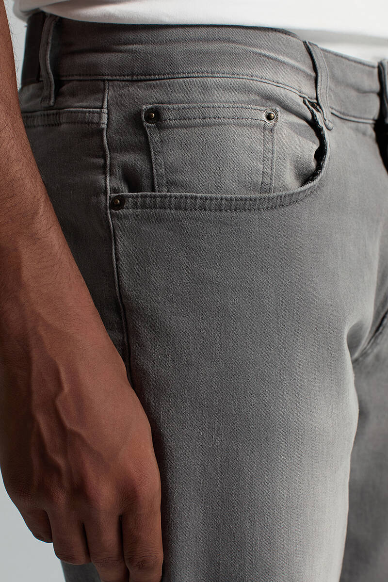 Saf Pamuk Slim Fit Gri Denim Pantolon