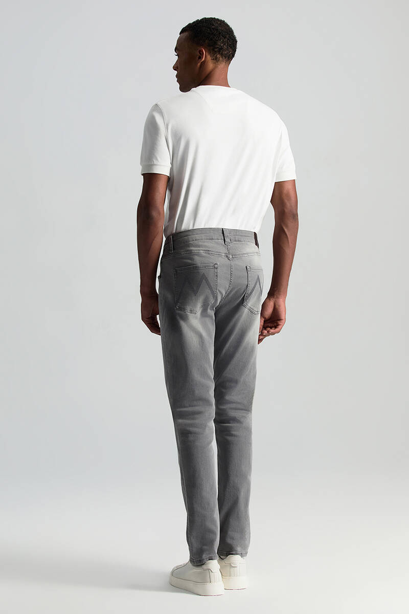 Saf Pamuk Slim Fit Gri Denim Pantolon