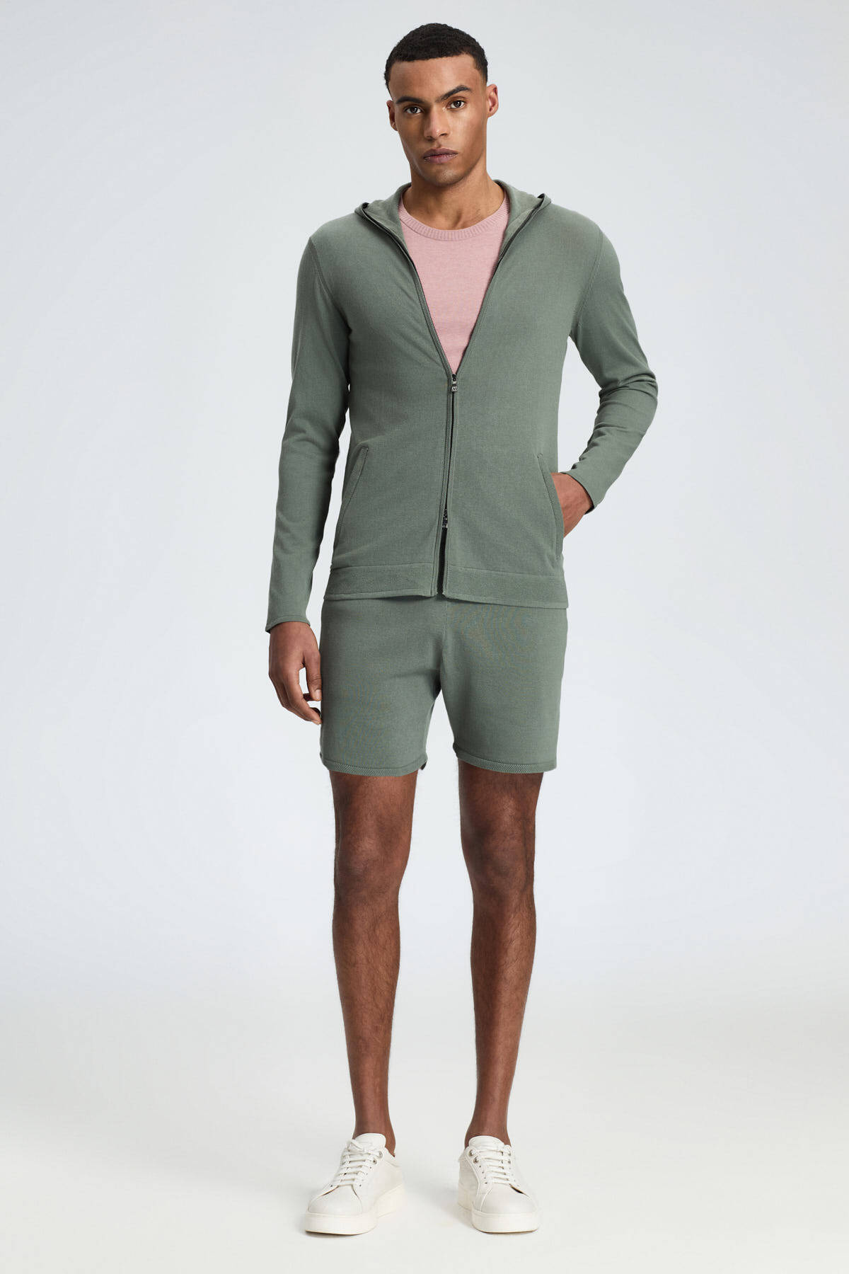 Slim Fit Haki Kapüşonlu İnce Hırka