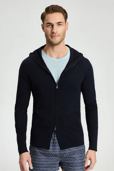 Slim Fit Lacivert Kapüşonlu İnce Hırka