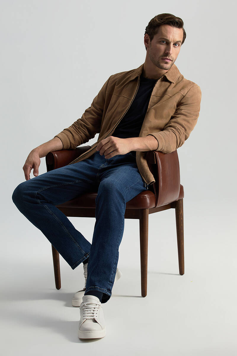 Saf Pamuk Slim Fit Lacivert Taşlanmış Denim Pantolon