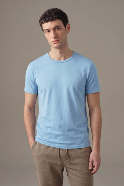 Superfine Pamuk Bisiklet Yaka Açık Mavi Basic T-Shirt