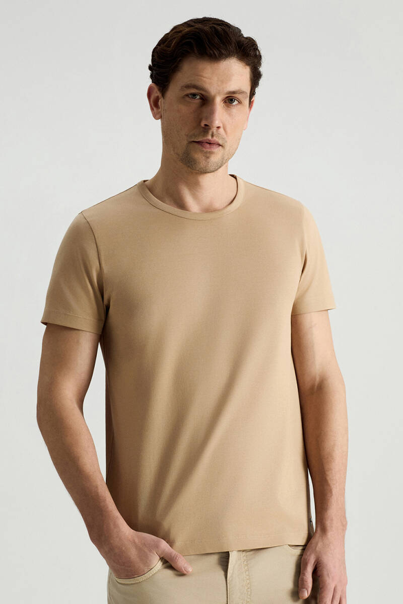 Superfine Pamuk Bisiklet Yaka Kum Rengi Basic T-Shirt | | Hemington