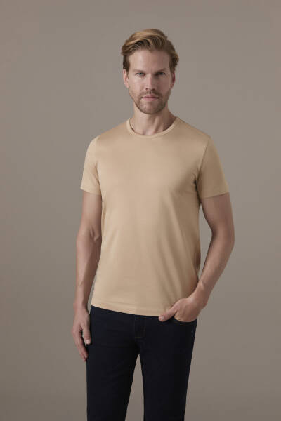 Superfine Pamuk Bisiklet Yaka Kum Rengi Basic T-Shirt - Hemington