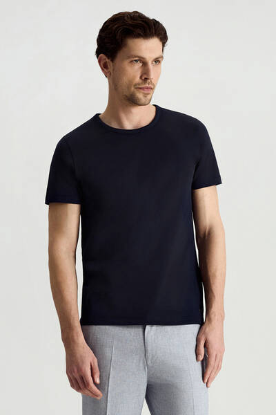 Superfine Pamuk Bisiklet Yaka Lacivert Basic T-Shirt - Hemington