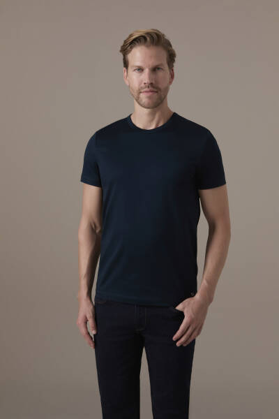 Superfine Pamuk Bisiklet Yaka Lacivert Basic T-Shirt - Hemington
