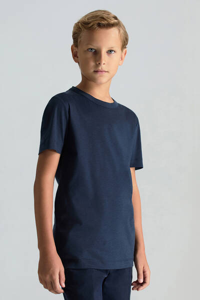 Supima Pamuk Bisiklet Yaka Tencel Lacivert Çocuk T-Shirt - Hemington