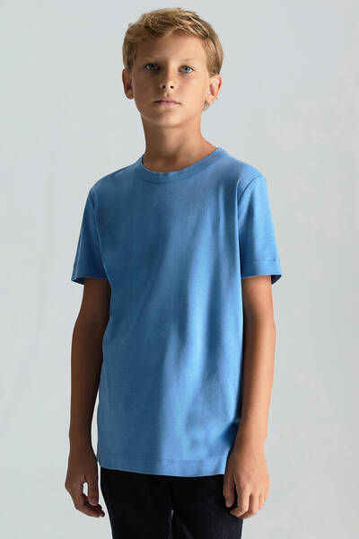 Supima Pamuk Bisiklet Yaka Tencel Mavi Çocuk T-Shirt - Hemington