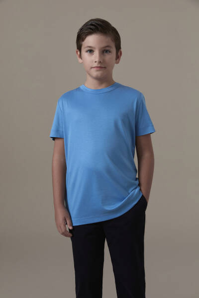 Supima Pamuk Bisiklet Yaka Tencel Mavi Çocuk T-Shirt - Hemington
