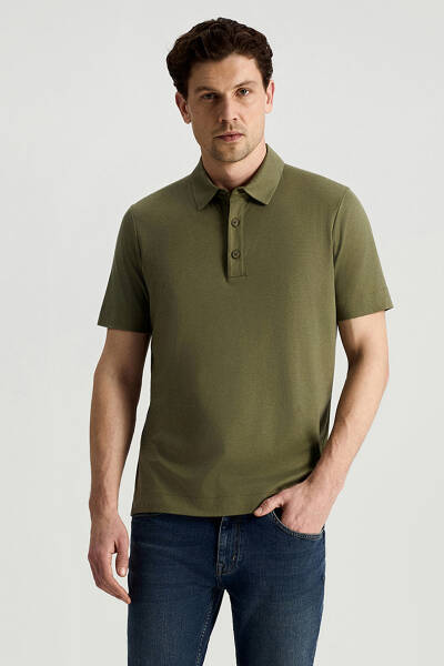Supima Pamuk Polo Yaka Tencel Haki T-Shirt - Hemington
