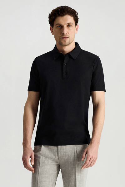 Supima Pamuk Polo Yaka Tencel Siyah T-Shirt - Hemington