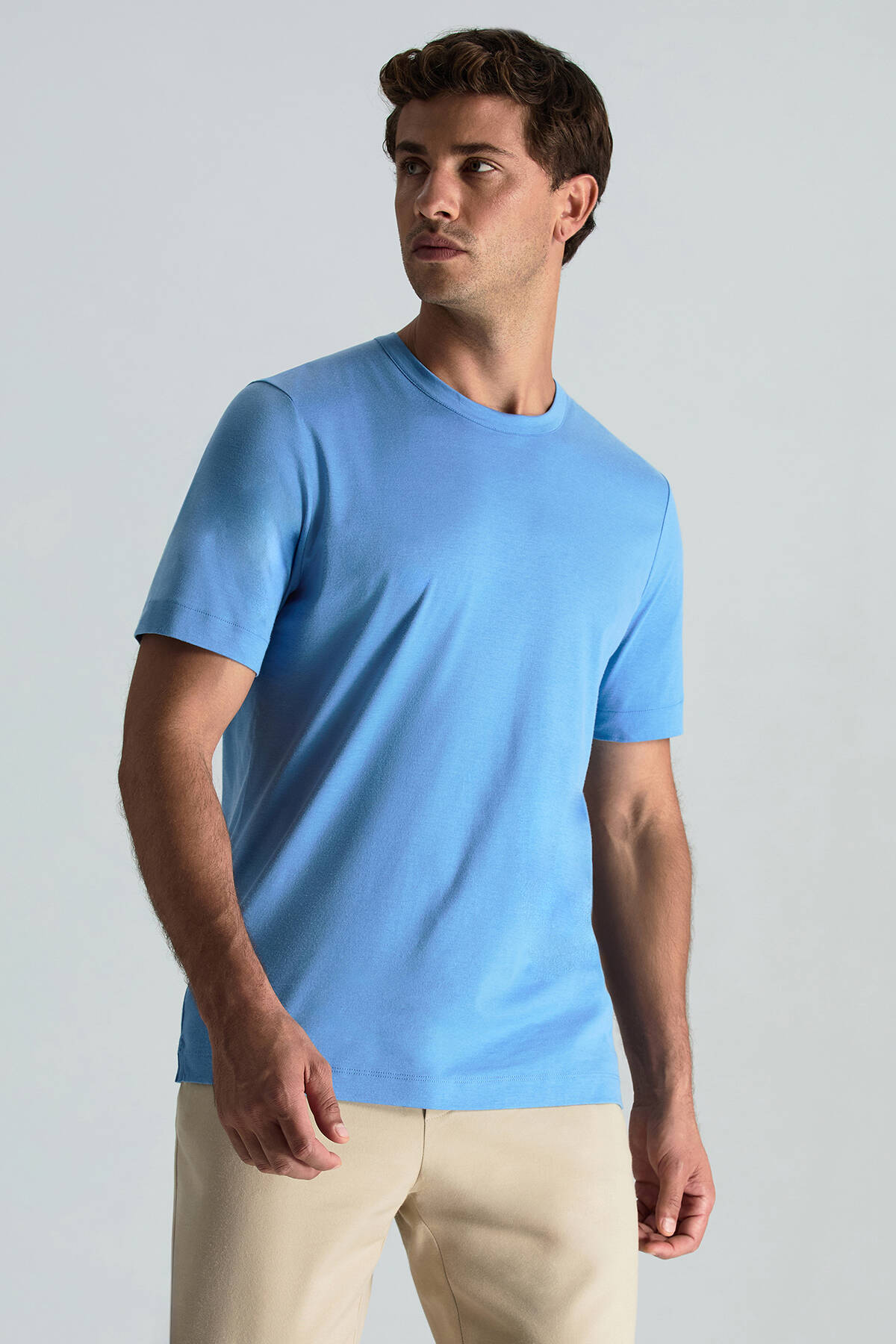 Supima Pamuk Bisiklet Yaka Tencel Mavi T-Shirt