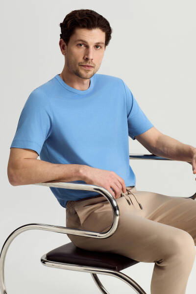 Supima Pamuk Bisiklet Yaka Tencel Mavi T-Shirt - Hemington