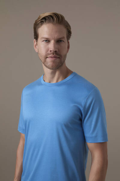 Supima Pamuk Bisiklet Yaka Tencel Mavi T-Shirt - Hemington