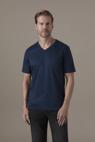Supima Pamuk V Yaka Tencel Lacivert T-Shirt - Hemington