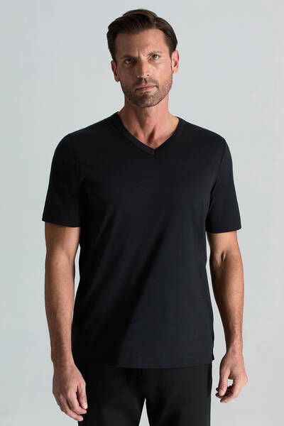 Supima Pamuk V Yaka Tencel Siyah T-Shirt - Hemington
