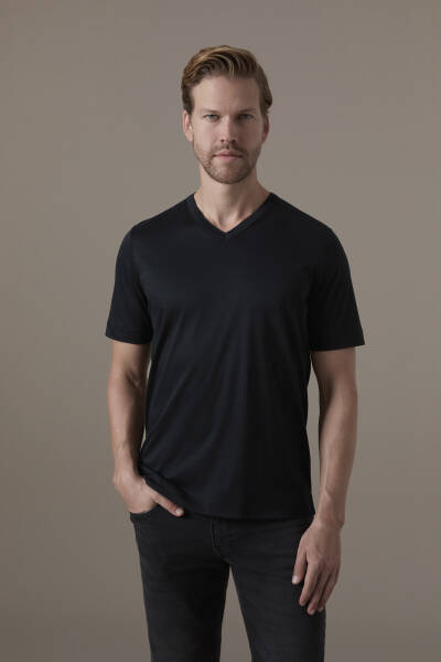 Supima Pamuk V Yaka Tencel Siyah T-Shirt - Hemington