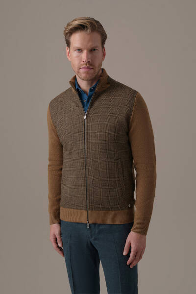 Tartan Desen Kumaşlı Tütün Rengi Tailored Triko Ceket - Hemington